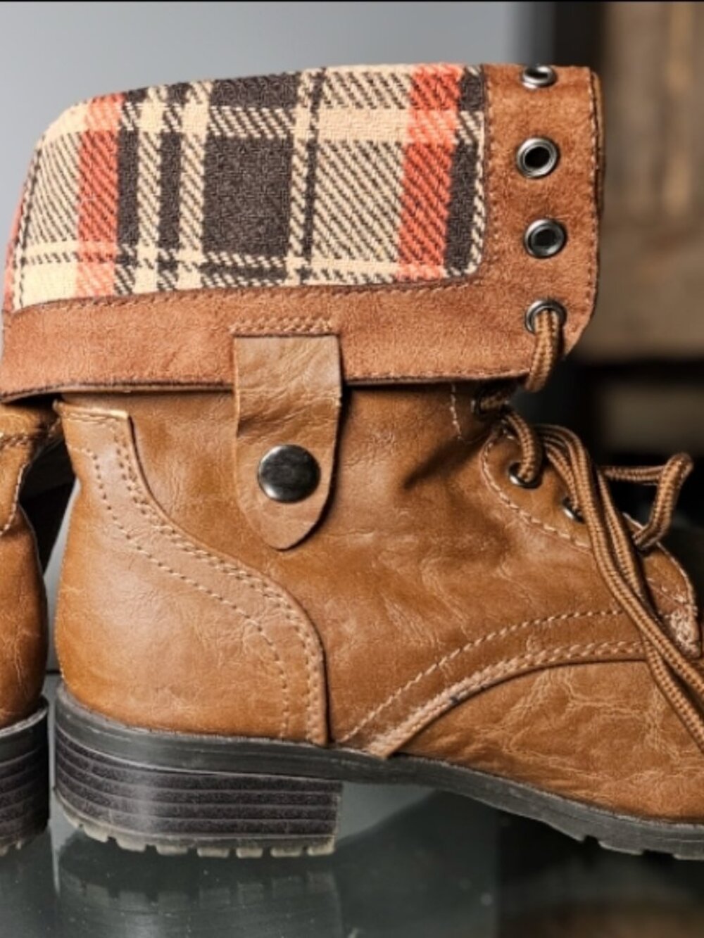 Cambridge Select Women's Military Combat Foldable Plaid Cuff Boot